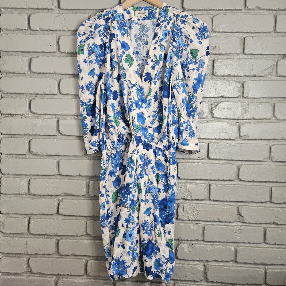 Zadig & Voltaire Dress Medium Ruz Garden Flowers Mini Ecru Blue Floral V-Neck